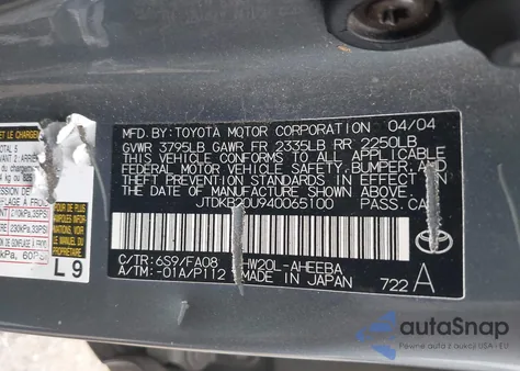 2004 Toyota Prius from USA, damaged, VIN JTDKB20U940065100